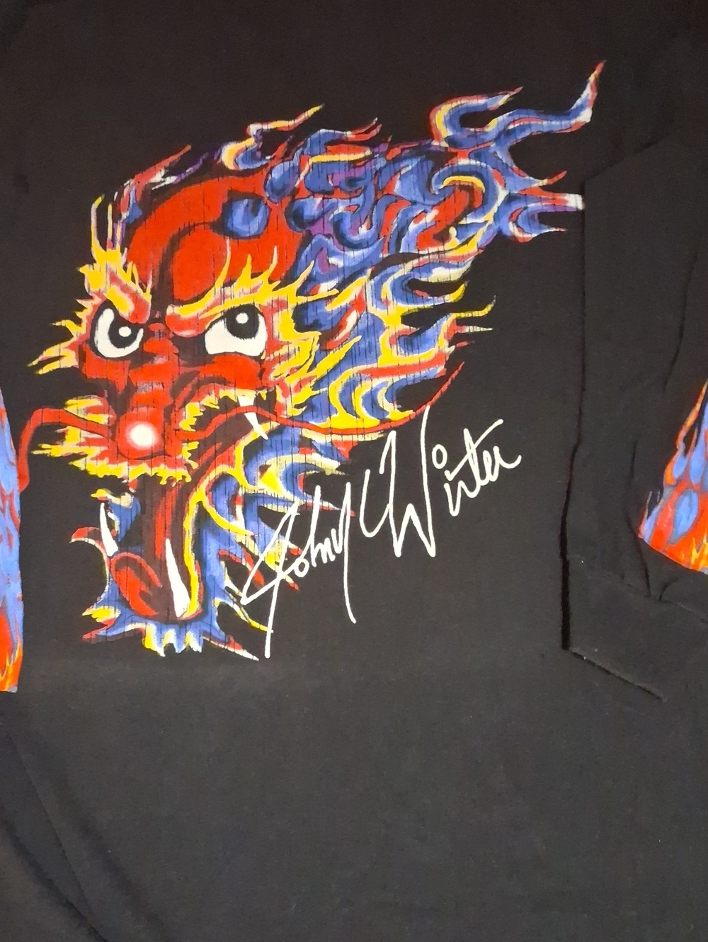 Johnny Winter Black Long-Sleeve Shirt with Red, Blue & Yellow Dragon Graphic.